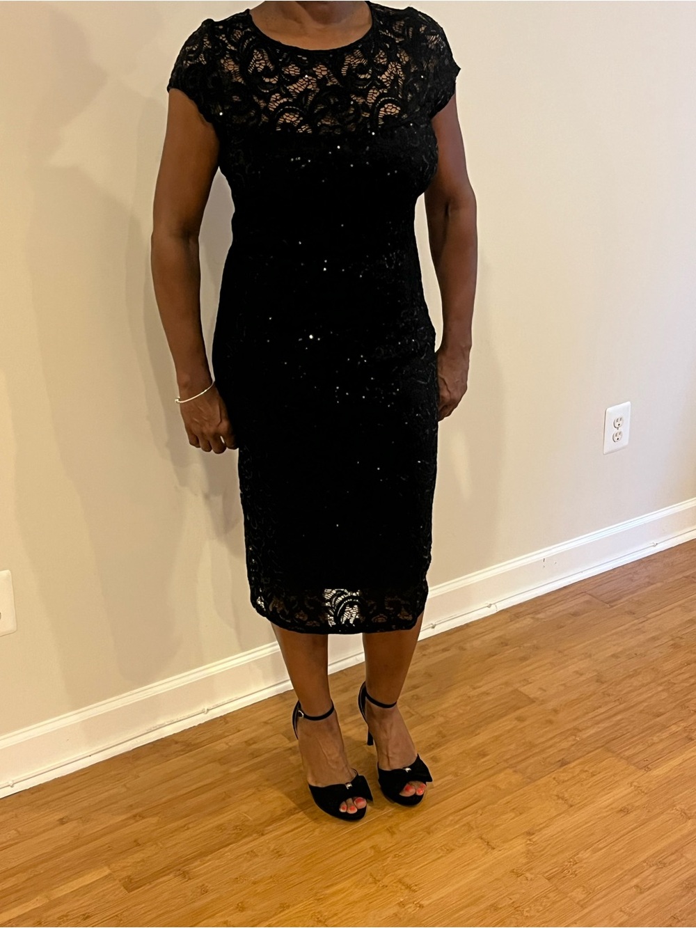 MARINA Black Lace Midi Dress with Cap Sleeves